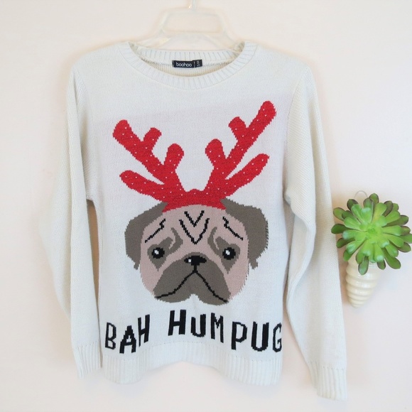 boohoo Sweaters - Boohoo Bah Hum Pug Reindeer Sweater S/M